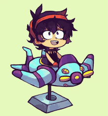 a cartoon of a girl riding a toy airplane with the letter a on her shirt