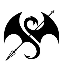 a black and white drawing of a dragon with a spear coming out of it 's tail .