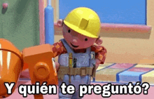 bob the builder is wearing a hard hat and overalls and is standing next to a mixer .