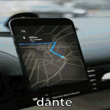 a phone with a map on the screen and the word dante under it