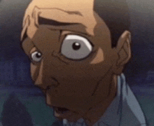 a close up of a cartoon character 's face with a surprised look on his face