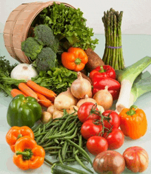 a basket full of vegetables including broccoli peppers tomatoes onions and green beans