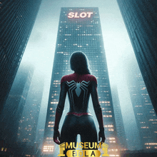 a woman in a superhero costume stands in front of a building that says slot on it