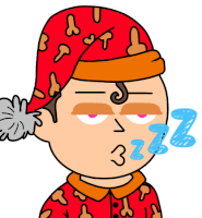 a cartoon drawing of a man wearing a red hat and pajamas with a zzz written on his face