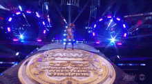 a woman stands on top of a aew women 's world wrestling championship