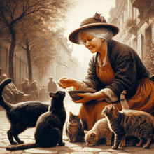 a painting of an elderly woman feeding cats on the street