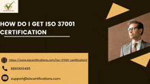 a man in a suit and tie stands in front of a brown background that says how do i get iso 37001 certification