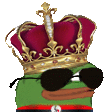 a green frog wearing sunglasses and a crown on its head .