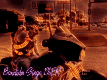 a picture of a man riding a motorcycle with the words bandido siege 1 % er on the bottom