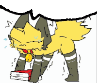 a cartoon drawing of a yellow animal holding a red book