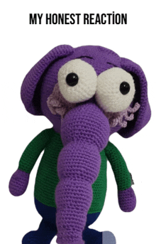 a purple crocheted stuffed animal with a green sweater and big eyes says " my honest reaction "