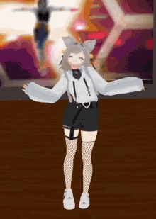 a girl with a cat ear is dancing in a room