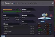 a screenshot of a pokemon game showing seadra 's stats