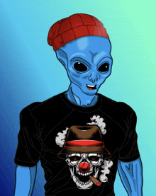 a drawing of an alien wearing a hat and a skull smoking a cigar