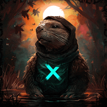 a painting of an otter wearing a hoodie with a neon x on it