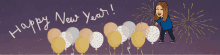 a cartoon of a woman standing in front of balloons with the words happy new year written above her