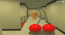 a cartoon character is walking down a hallway with a cherry on the floor