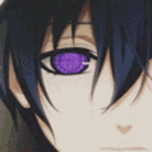 a close up of a person 's face with purple eyes