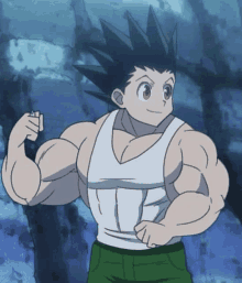 a cartoon character is flexing his muscles while wearing a white tank top and green shorts