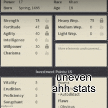 a screenshot of a game with the words " uneven ahh stats "