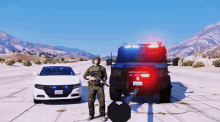 a police officer stands in front of a white car with a license plate that says lnv007 on it