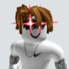 a white roblox character with red lights coming out of his eyes