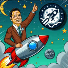 a cartoon of elon musk giving a thumbs up on a rocket