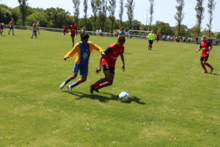 a group of soccer players are playing on a field and one of them is wearing a jersey that says ' a '