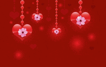 a red background with hearts and flowers hanging from chains