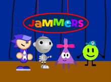 a group of cartoon characters stand in front of a sign that says jammers