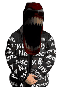 a person wearing a jacket that says y.l. ne scary on it