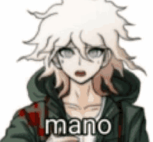 a cartoon character with white hair and a hoodie is holding a piece of paper and saying mano .