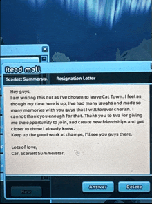 a resignation letter from scarlett summersta is displayed on a computer screen