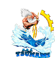 a cartoon drawing of a man holding a trident and the words tsunami on the bottom