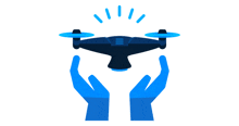 a pair of blue hands holding a drone with a white background