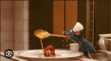 a rat with a chef 's hat is pouring sauce on a plate