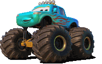 a monster truck with big tires and a smiley face