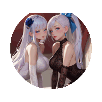 two anime girls with white hair and blue eyes are standing next to each other in a circle