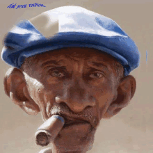 a man wearing a blue hat is smoking a cigar with the words " for your mobile " written on the bottom