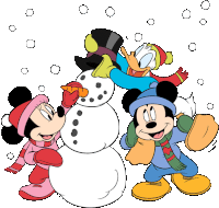 mickey mouse minnie mouse and donald duck playing in the snow