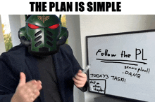 a man in a suit giving a thumbs up in front of a whiteboard that says " the plan is simple "