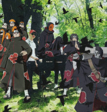 a group of anime characters are standing in a forest with birds flying around them