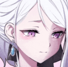 a close up of a girl with purple eyes and white hair wearing earrings .