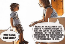 a cartoon of a woman talking to a little boy who is asking why do we have wars