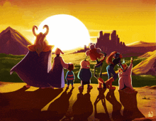 a group of cartoon characters are standing in front of a castle at sunset