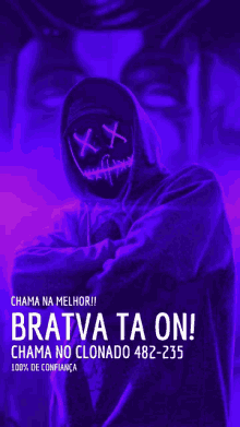 a purple poster with a person wearing a mask that says " bratva ta on " on it