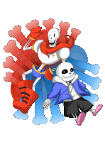 a cartoon drawing of papyrus and sans with red and blue bones in the background