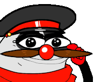 a cartoon character with a red nose and a mustache