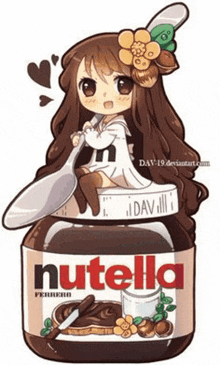 a girl sitting on top of a jar of nutella