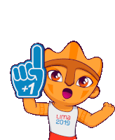 a cartoon character from lima 2019 is holding up a blue foam finger